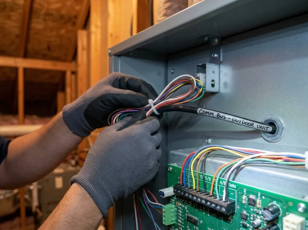 Communication wiring bus between an indoor air handler and outdoor heat pump for a communicating HVAC system installation
