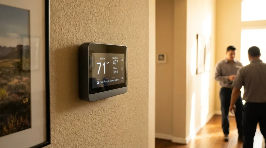 Modern communicating HVAC thermostat showing detailed system status and outdoor and indoor unit readings in a Houston home