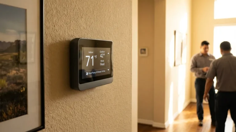 Modern communicating HVAC thermostat showing detailed system status and outdoor and indoor unit readings in a Houston home