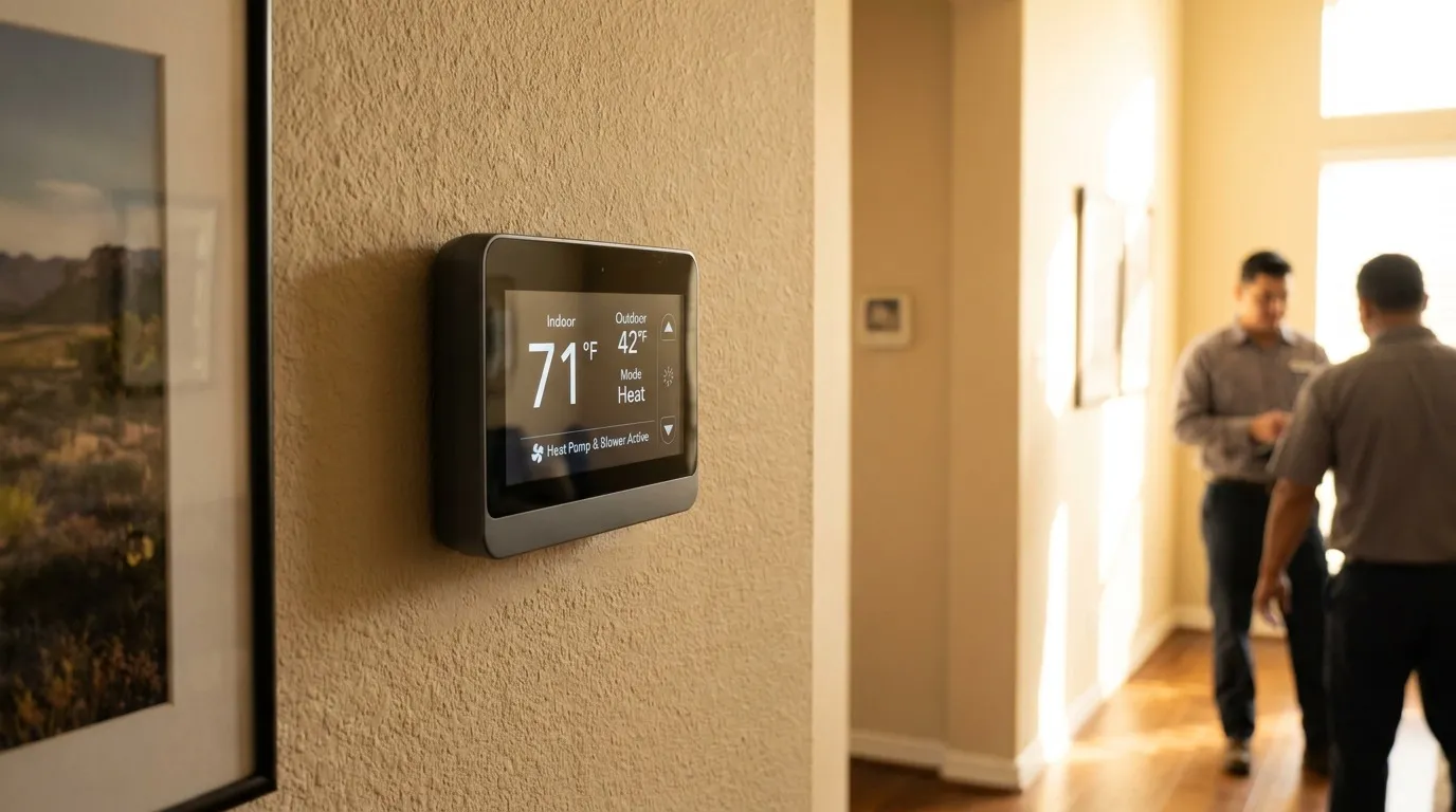Modern communicating HVAC thermostat showing detailed system status and outdoor and indoor unit readings in a Houston home
