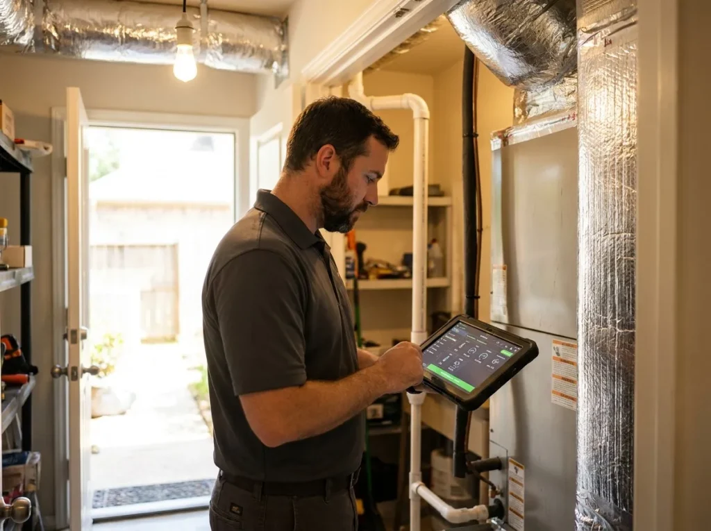 VeriChill technician reviewing diagnostic data from a communicating HVAC system on a tablet during a scheduled Houston service visit