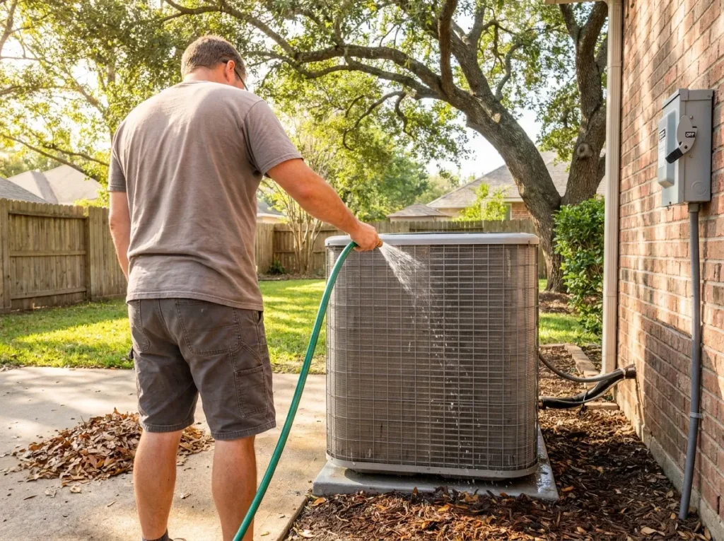 Homeowner gently rinsing an outdoor AC condenser coil with a garden hose to remove pollen and debris in a Houston backyard