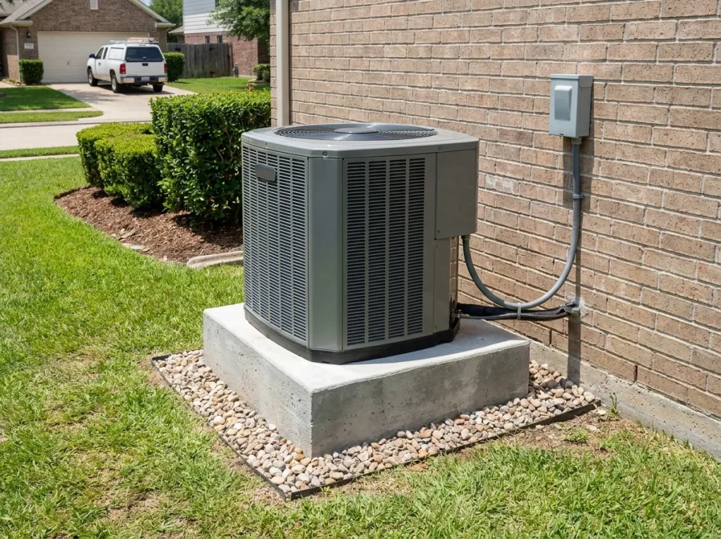 Outdoor AC condenser unit installed on an elevated concrete pad for flood protection at a Houston home in a flood-prone area