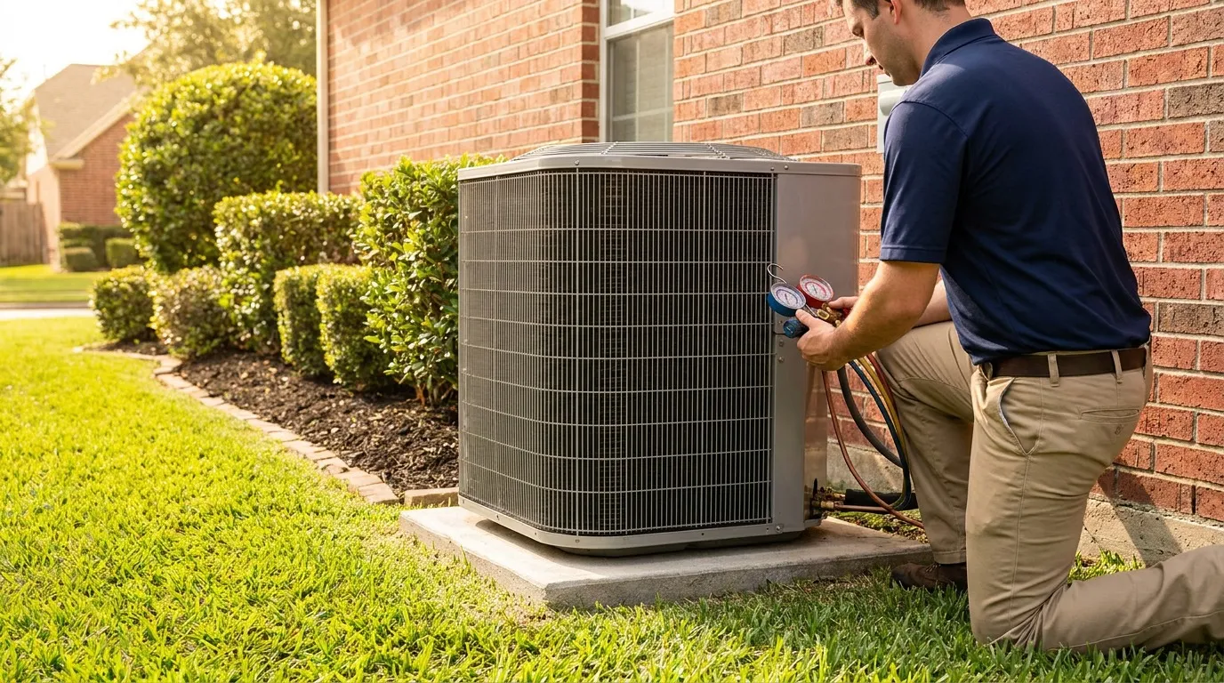 Well-maintained outdoor AC condenser unit with proper clearance beside a Houston home, technician inspecting refrigerant line