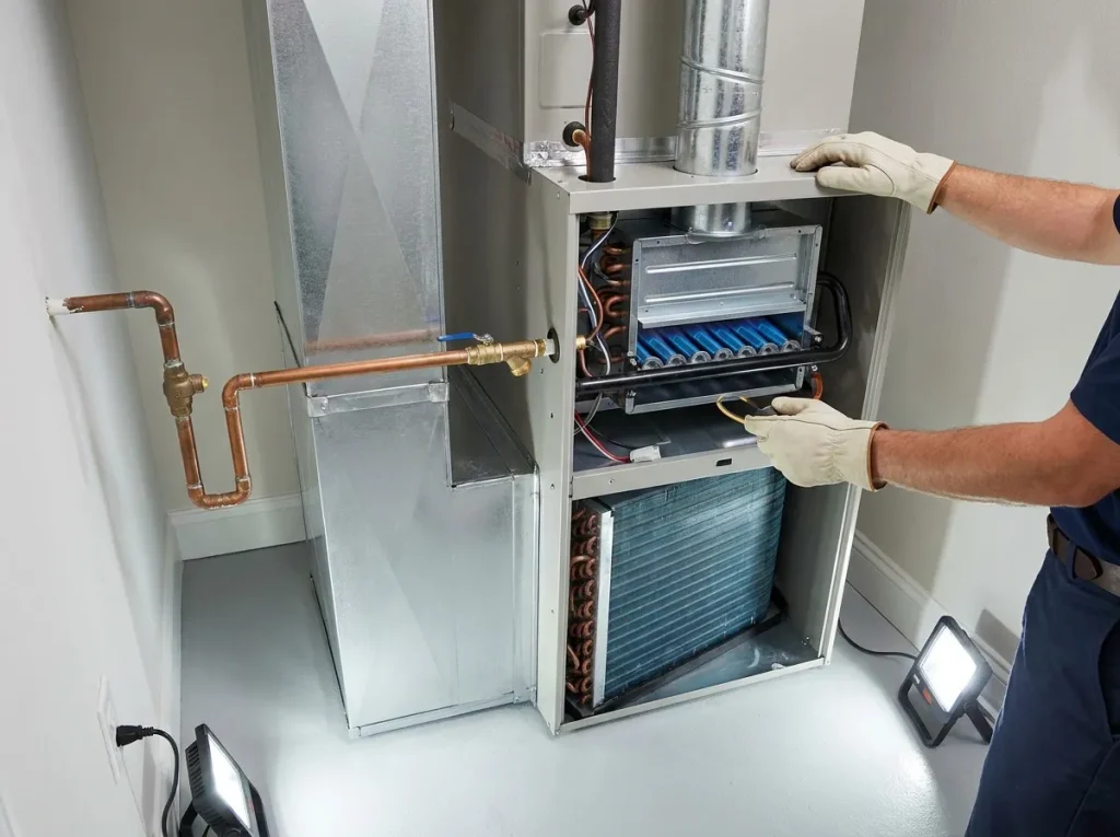 Indoor cabinet housing a gas furnace and heat pump indoor coil combination for a Houston dual fuel HVAC system