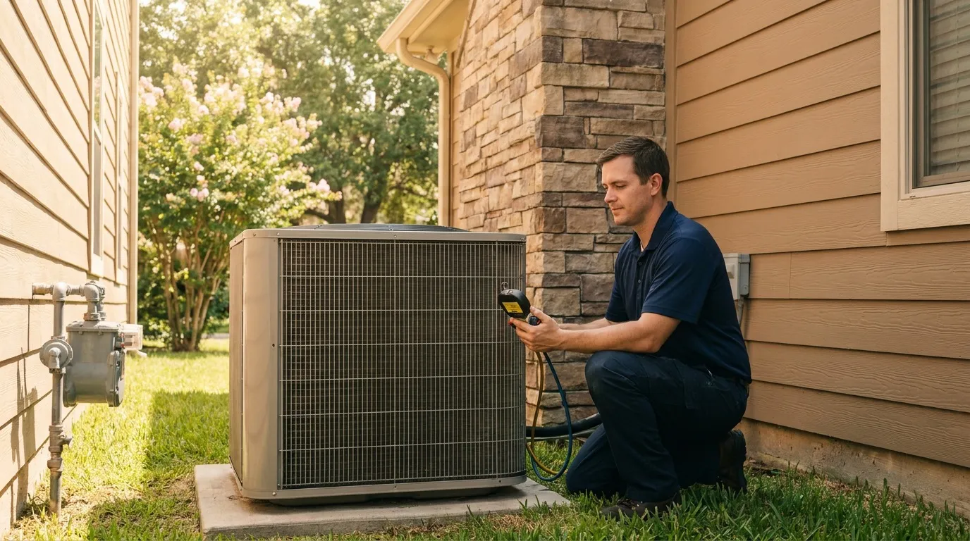 Dual fuel HVAC system outdoor heat pump beside a Houston home with a gas meter visible on the exterior wall