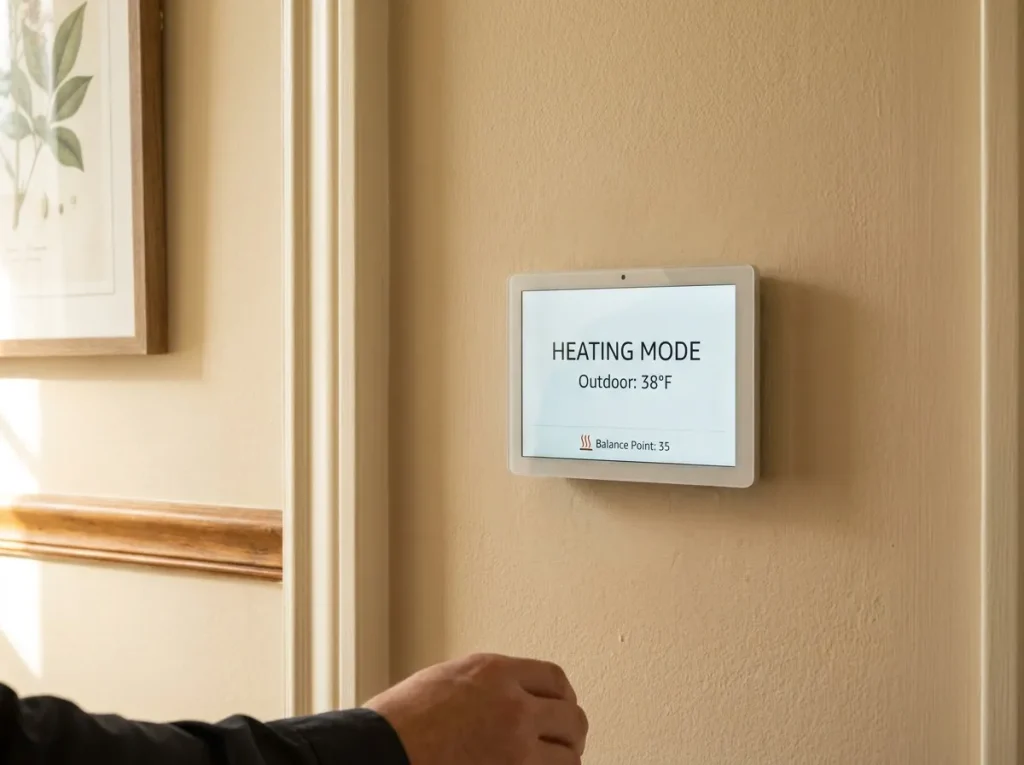 Modern smart thermostat displaying a dual fuel HVAC system's balance point setting on a Houston home wall
