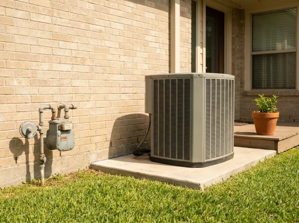 Dual fuel HVAC system with an electric heat pump outdoor unit installed next to a Houston home with a gas meter visible on the exterior wall
