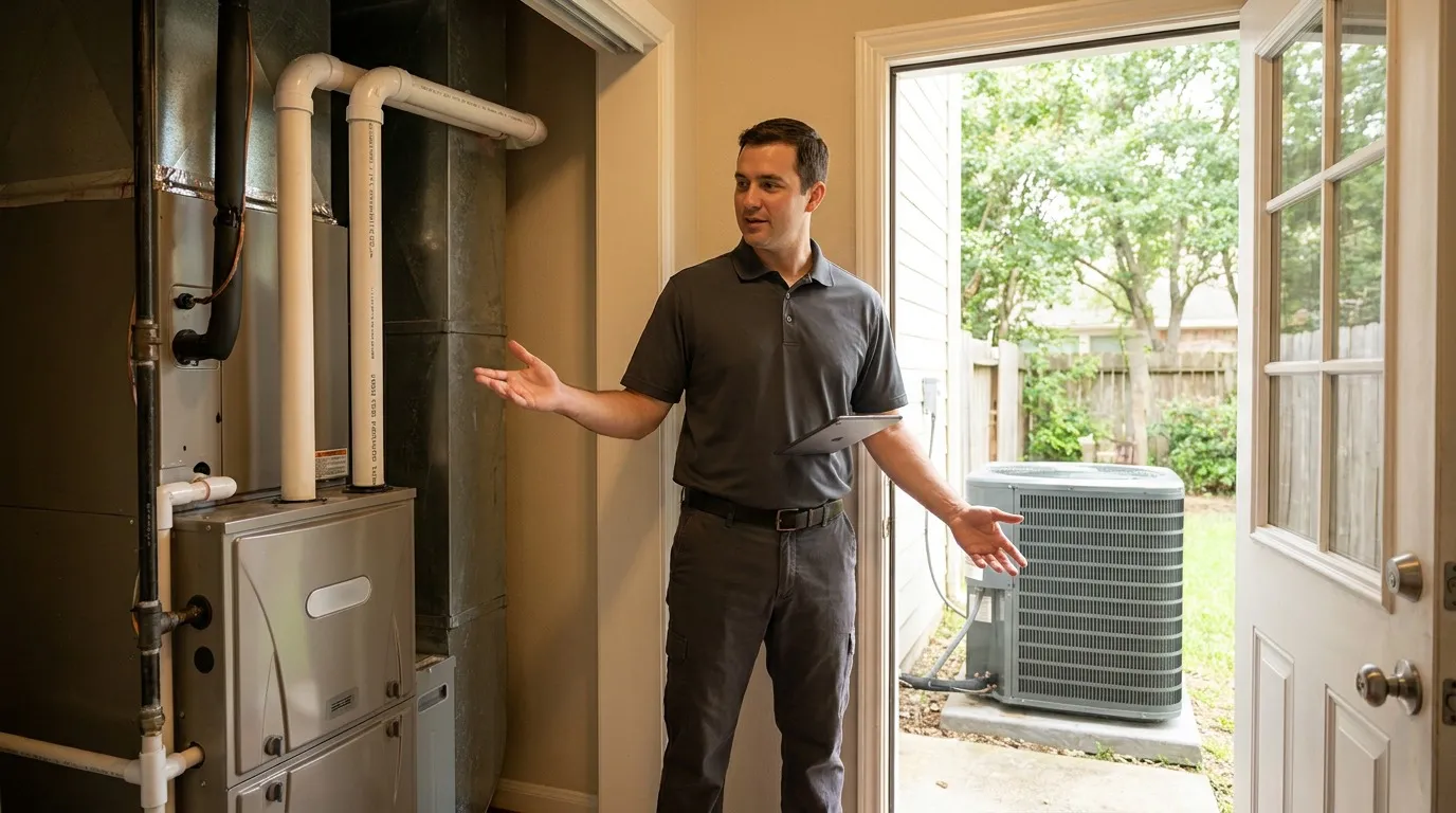 Side-by-side view of a modern electric heat pump and a high-efficiency gas furnace in a Houston home mechanical space