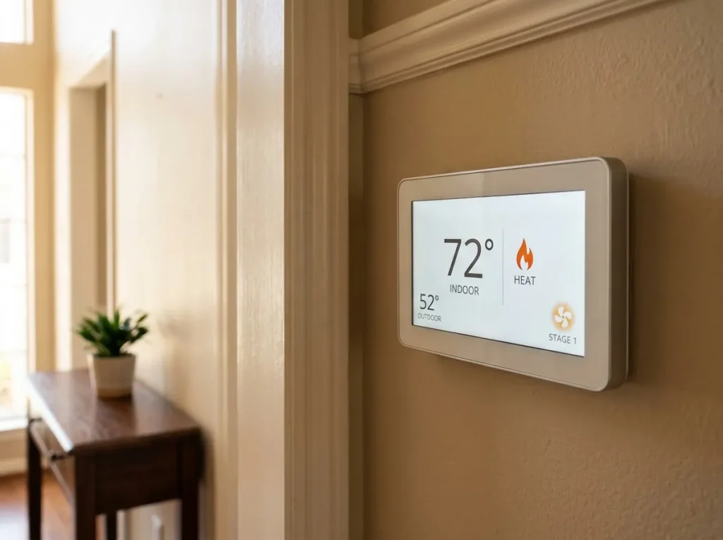 Houston homeowner adjusting a thermostat showing heat mode with mild winter conditions outdoors and comfortable indoor temperature