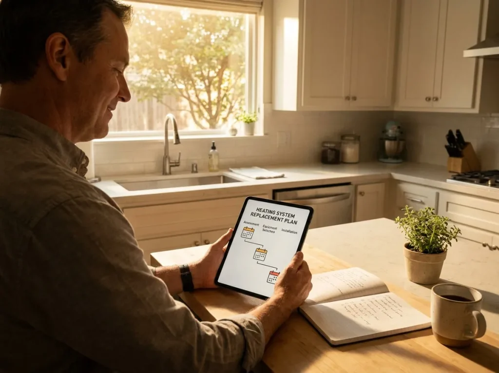 Houston homeowner reviewing a heating system replacement planning timeline on a tablet at a kitchen table