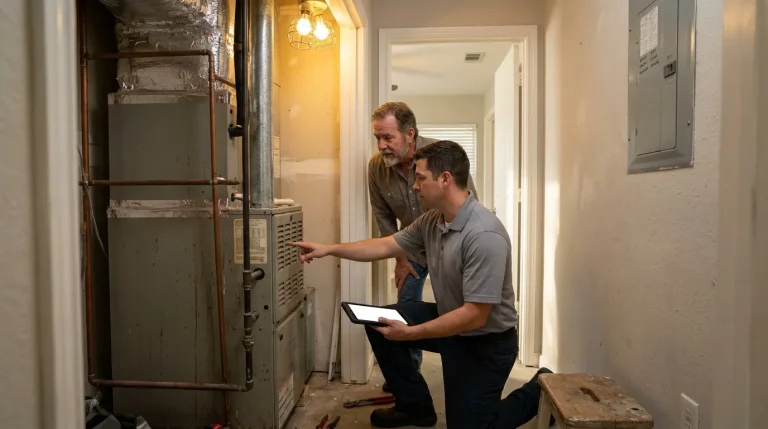 VeriChill technician inspecting an aging gas furnace in a Houston home utility closet with a homeowner reviewing planning options nearby