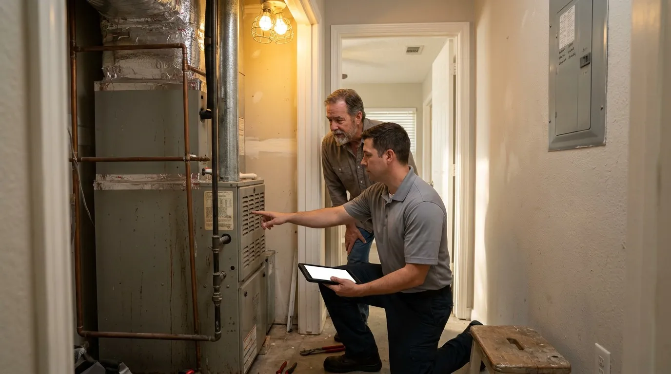 VeriChill technician inspecting an aging gas furnace in a Houston home utility closet with a homeowner reviewing planning options nearby