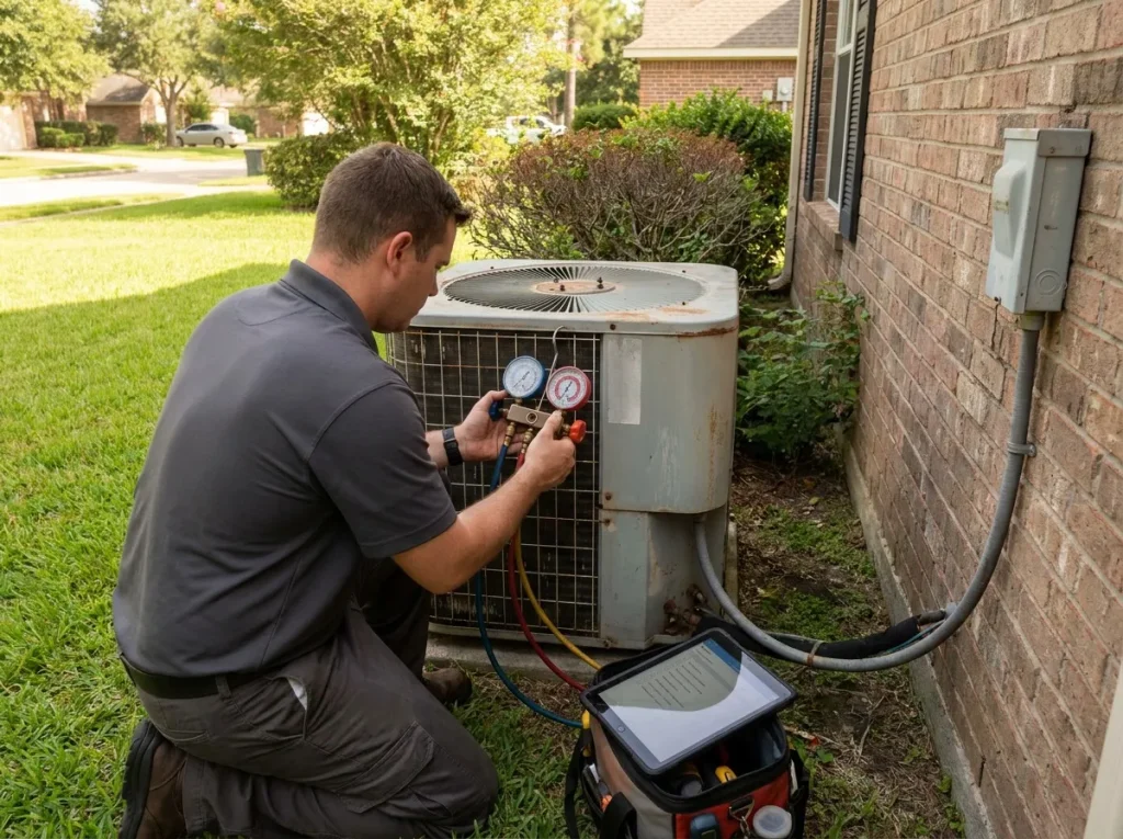 Technician using a service gauge to check operating pressure on an aging Houston heat pump during a planning inspection