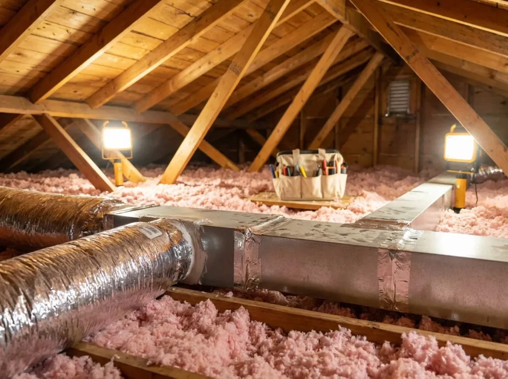 Houston attic space with sealed duct joints and insulated supply ducts helping reduce summer cooling loss