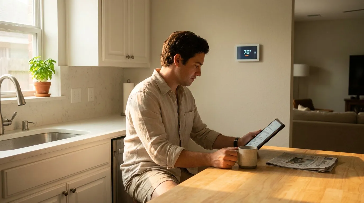 Houston homeowner reviewing a summer electric bill at a kitchen table with a smart thermostat visible in the background