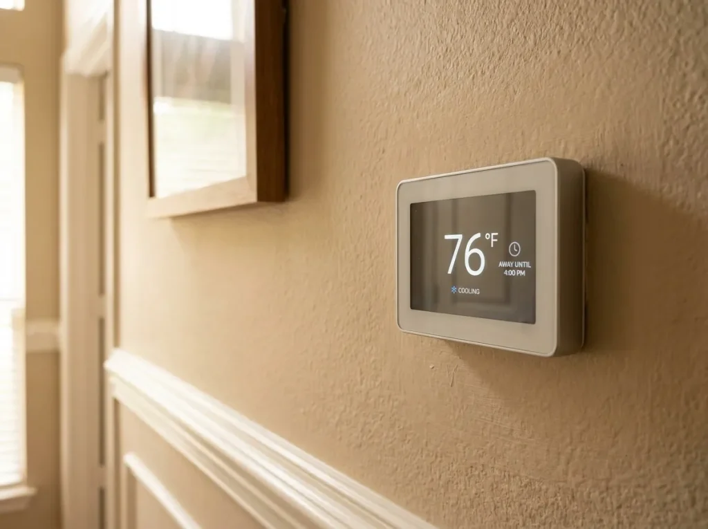 Smart thermostat set to a slightly higher summer setpoint in a Houston home to reduce runtime and cooling bill