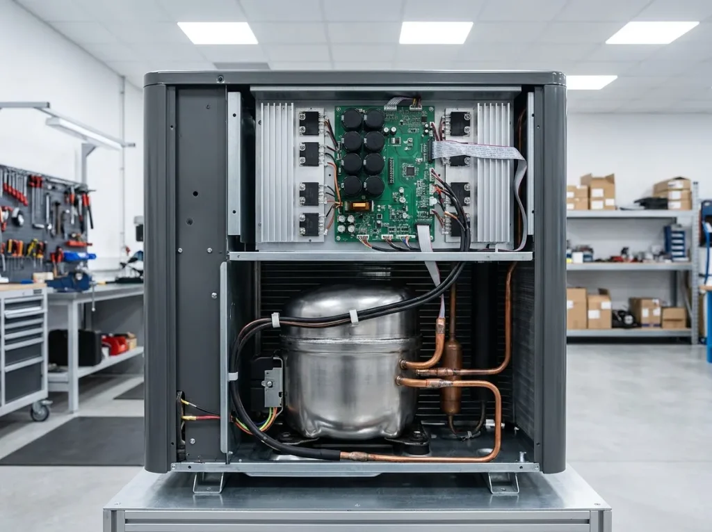 Cutaway diagram-style photograph of a DC inverter compressor showing variable frequency drive components inside an HVAC outdoor unit