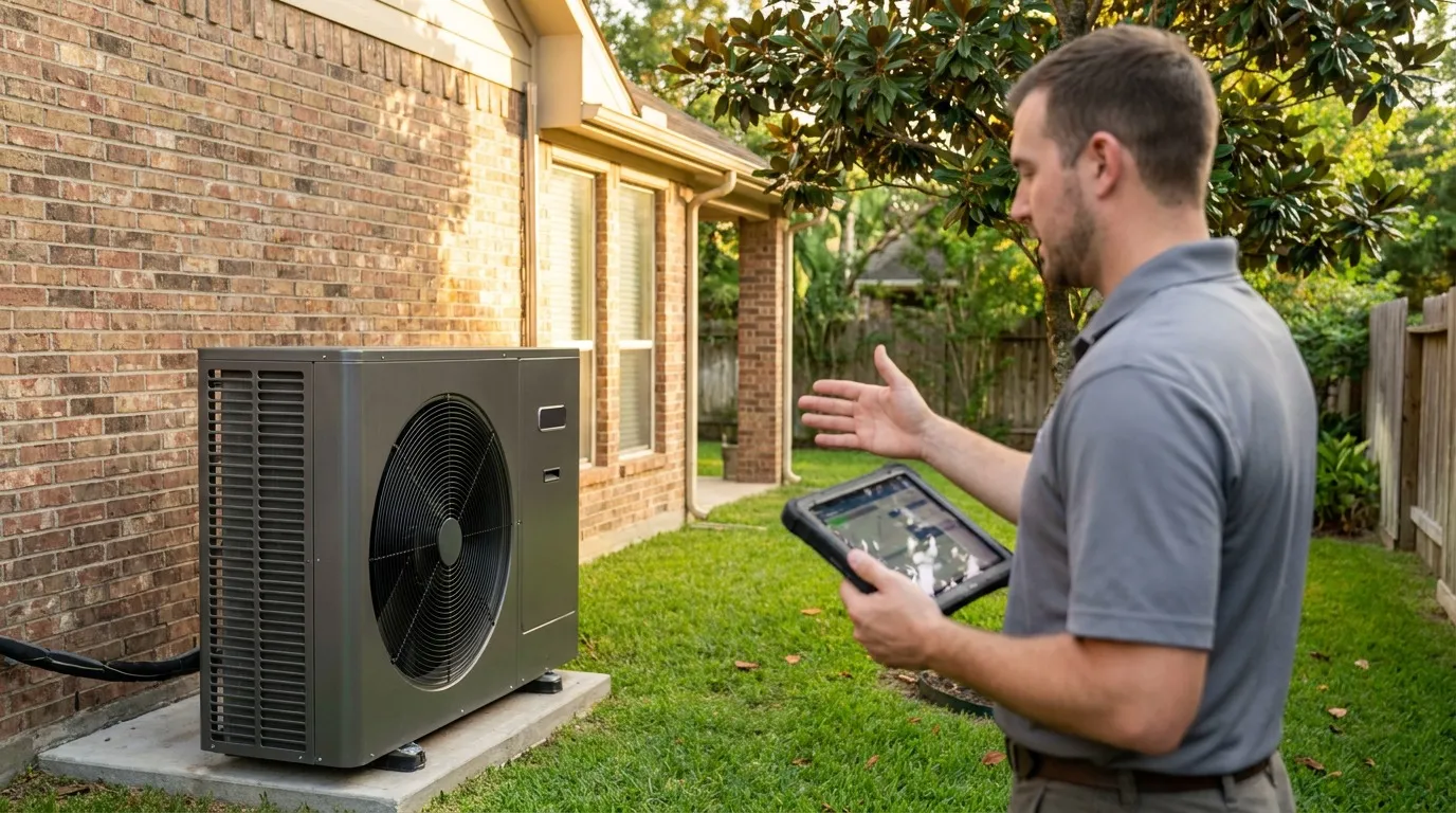 Modern outdoor inverter HVAC condenser unit installed beside a Houston home with a technician checking system readings on a tablet