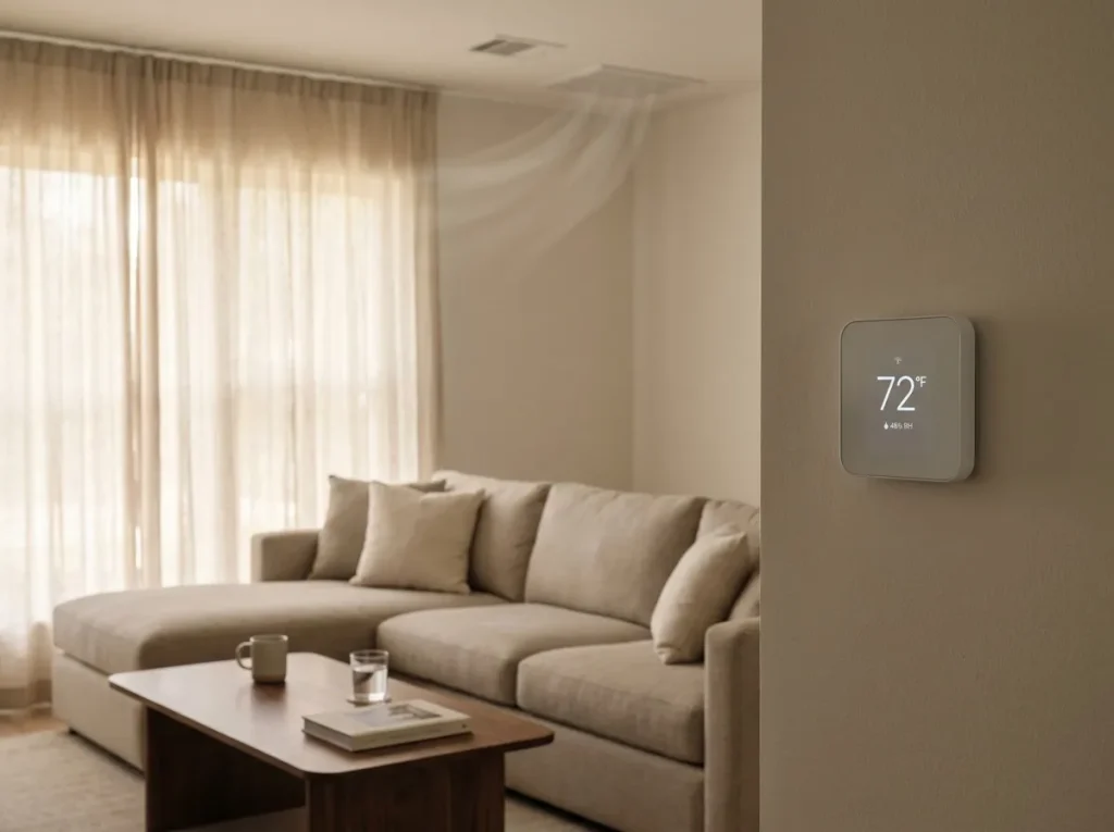 Comfortable Houston living room with a modern wall thermostat holding steady at 72 degrees while an inverter HVAC system runs quietly