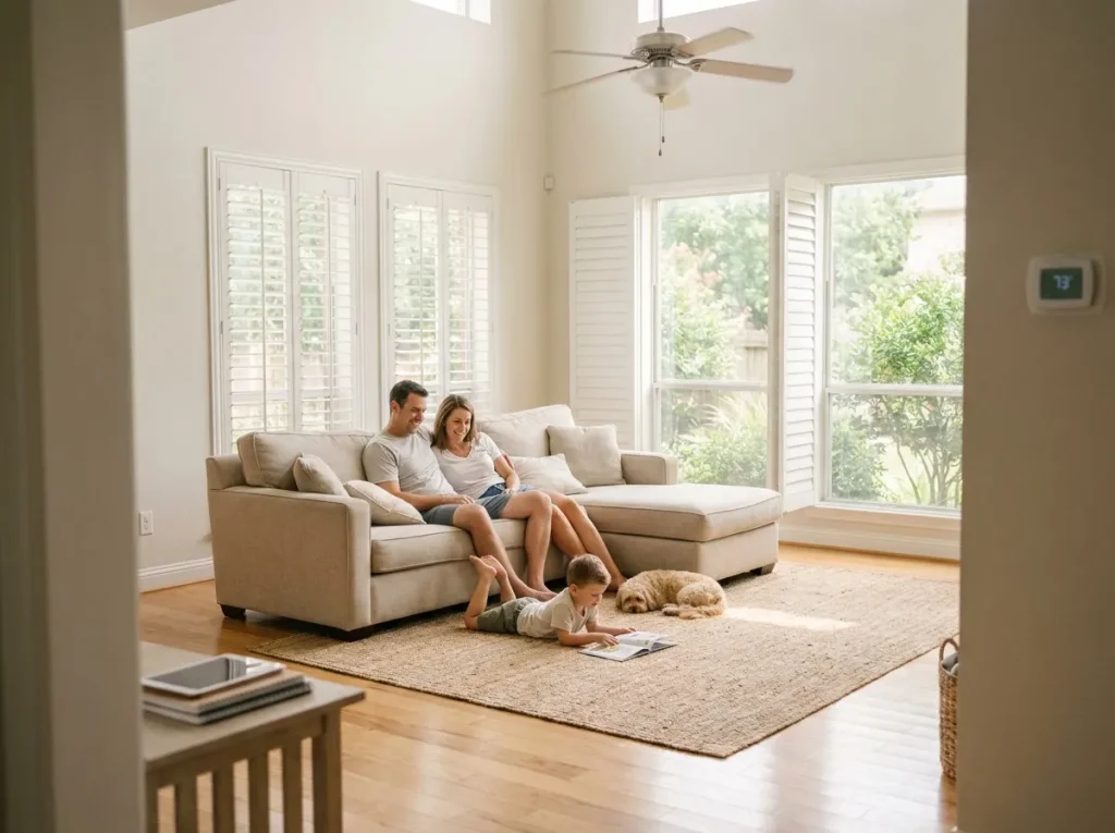 Houston family relaxing comfortably in a light-filled living room during summer, kept even by a properly staged AC system