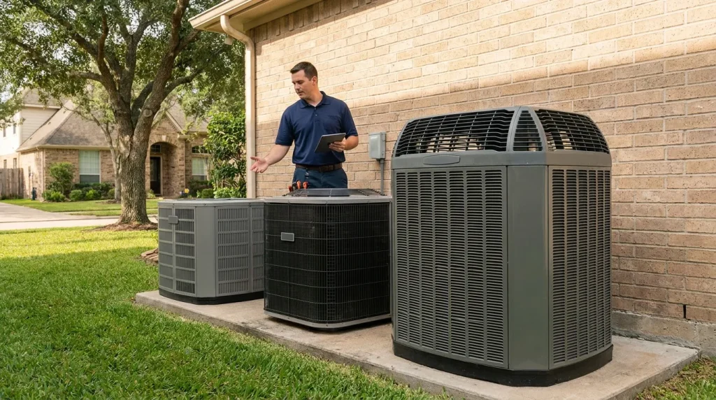 Three modern outdoor AC condenser units of different tiers lined up on concrete pads in front of a Houston HVAC installation