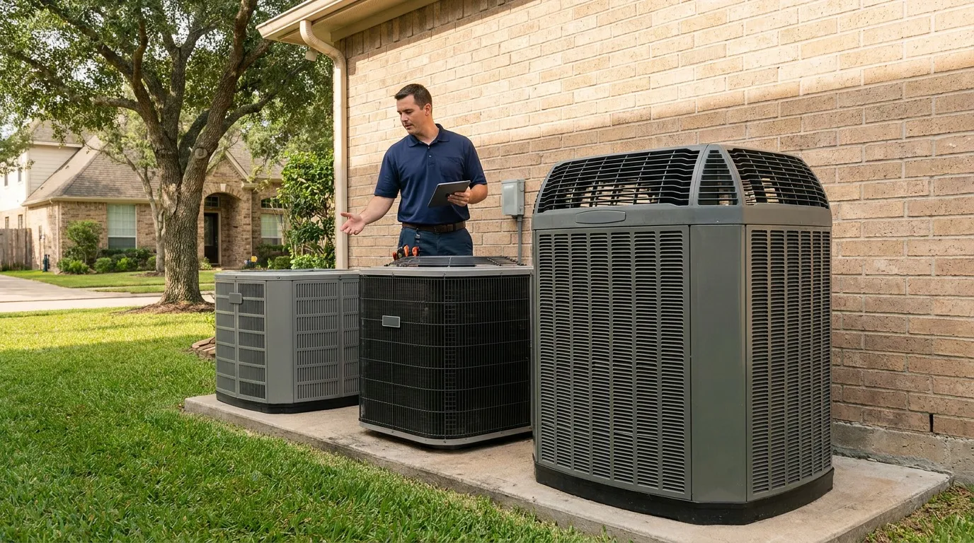 Three modern outdoor AC condenser units of different tiers lined up on concrete pads in front of a Houston HVAC installation