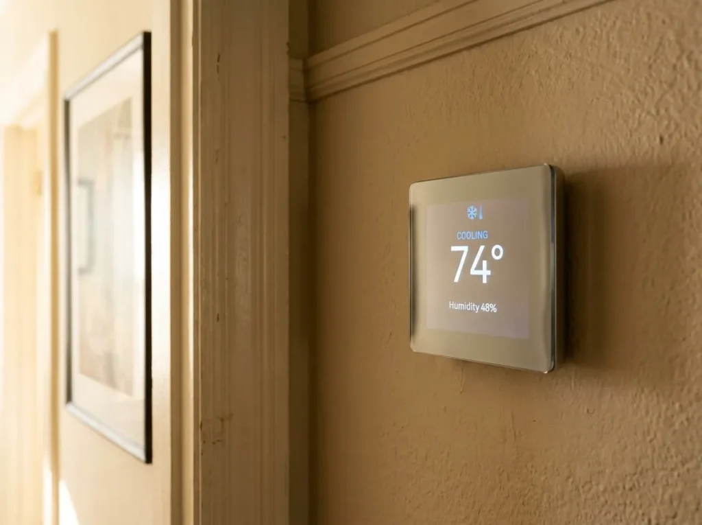 Modern smart thermostat displaying steady temperature and 48 percent humidity in a Houston home cooled by a two-stage AC system