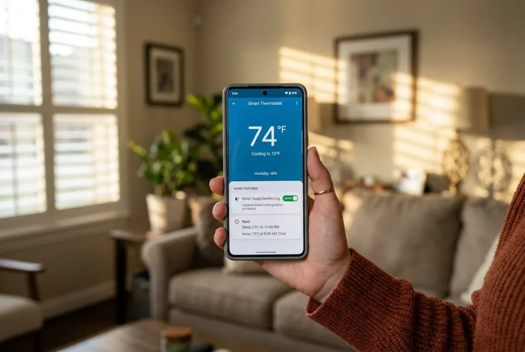 Smartphone showing a smart thermostat app with geofencing and humidity controls for a Houston home