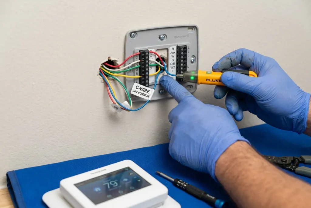 Technician checking thermostat wiring including the C-wire behind a smart thermostat in a Houston home