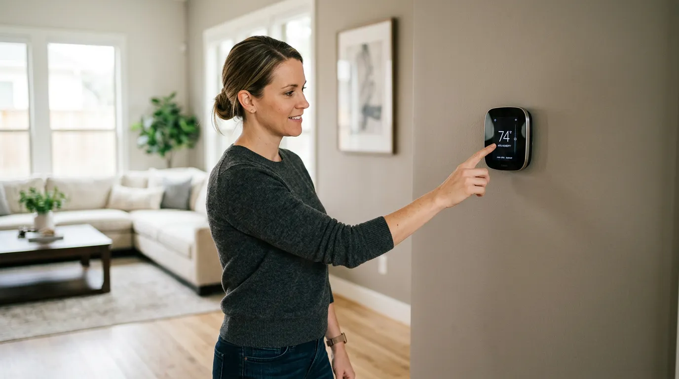 Homeowner adjusting a modern smart thermostat on the wall of a Houston home