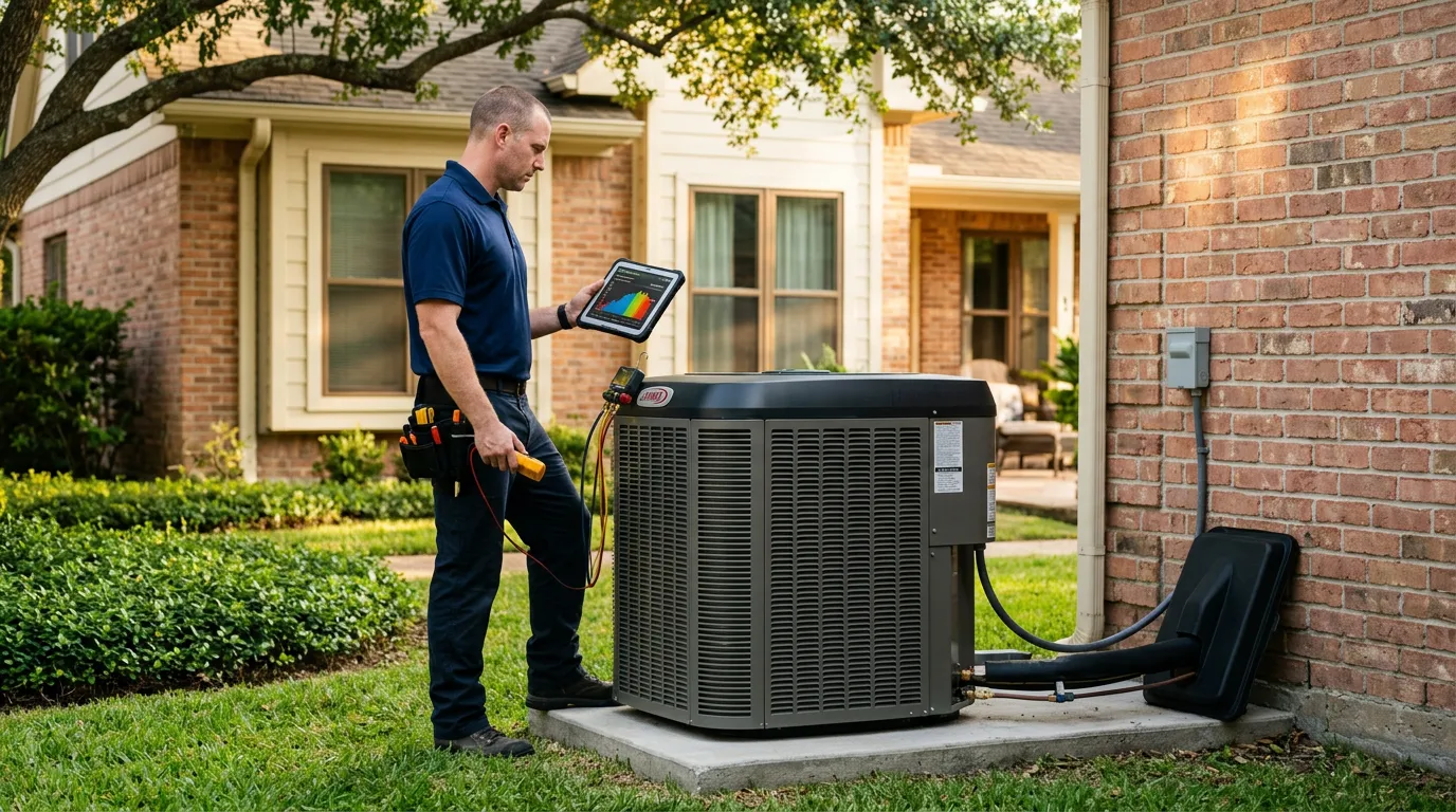 Variable-speed AC condenser with inverter compressor installed at a Houston home while a technician reviews performance data