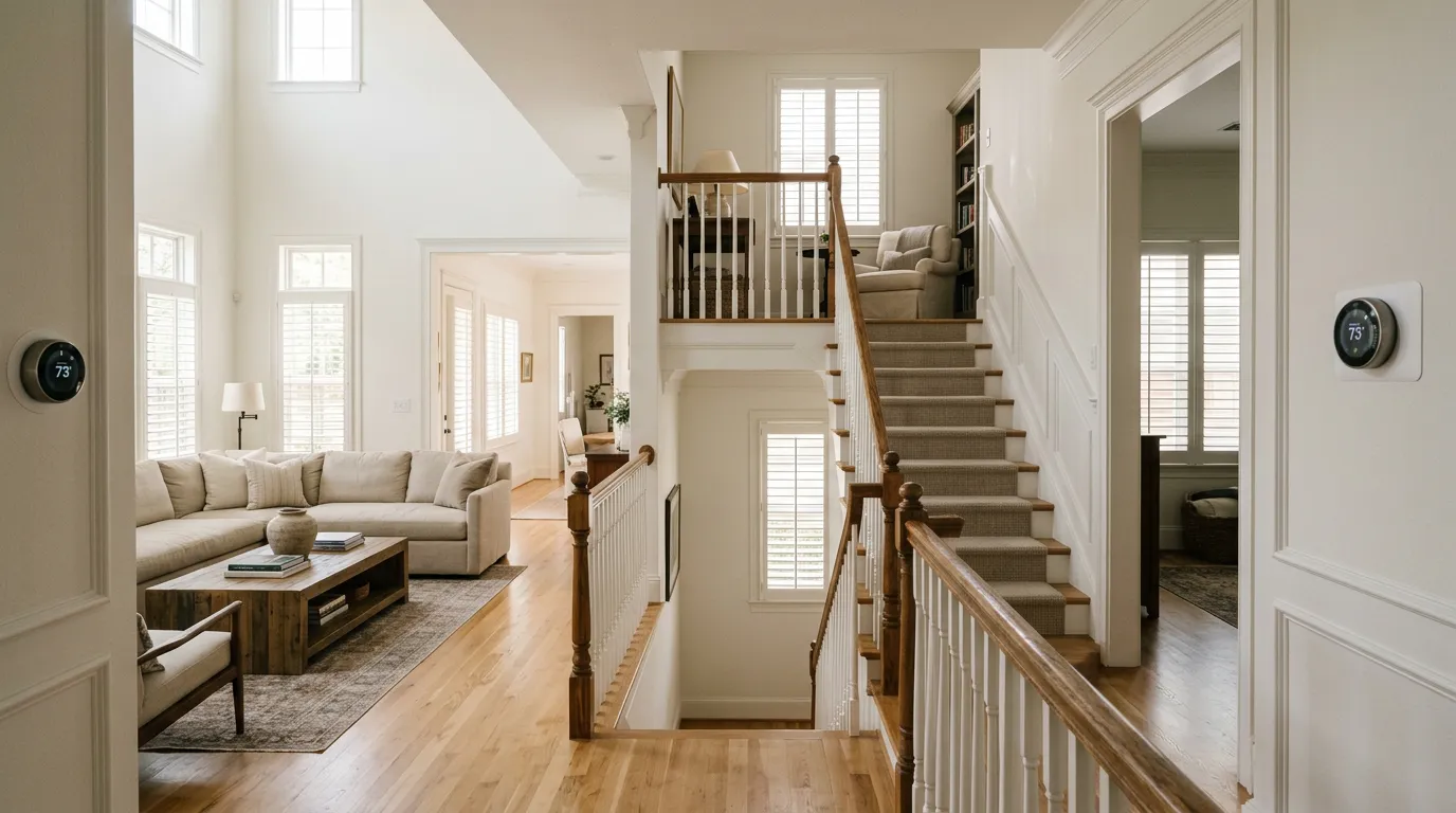 Two-story Houston home interior with separate upstairs and downstairs thermostats showing room-by-room zoned temperature control