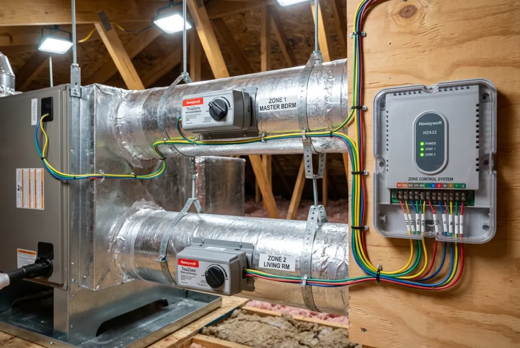 Motorized zone dampers installed inside supply ductwork connected to a zone control panel in a Houston home attic
