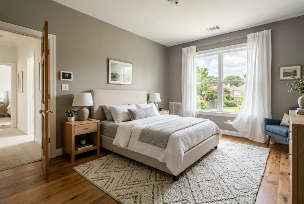 Comfortable upstairs master bedroom in a two-story Houston home kept cool by a dedicated HVAC zone thermostat