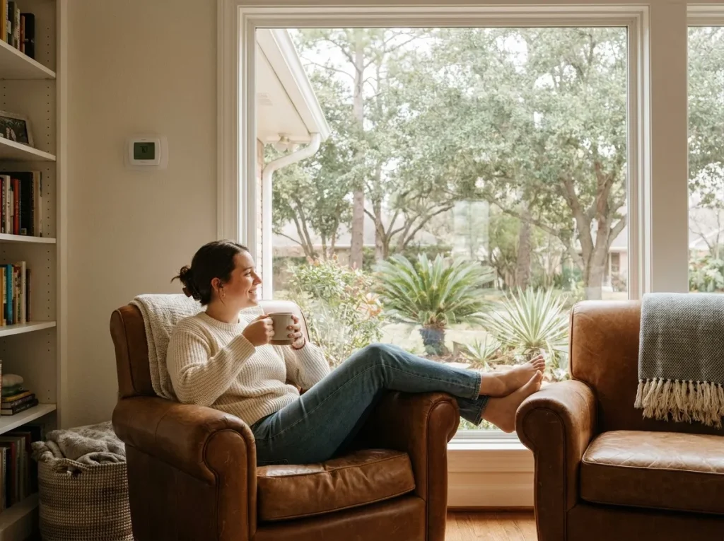 Houston homeowner comfortable at home on a mild winter day with an efficient standard heat pump running
