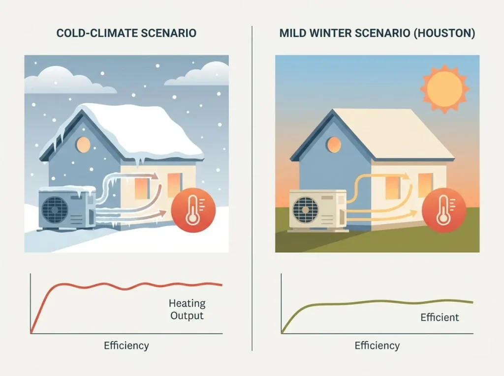 Illustration comparing cold-climate heat pump performance in deep cold versus Houston's mild winter conditions