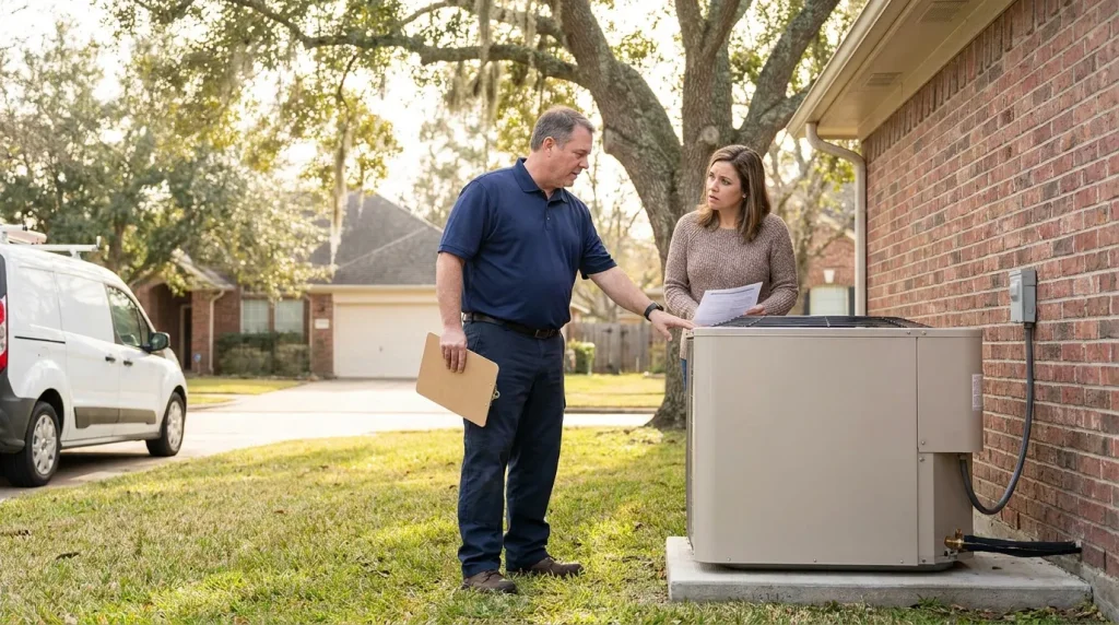 Modern outdoor heat pump unit at a Houston home on a mild winter day with a technician explaining options