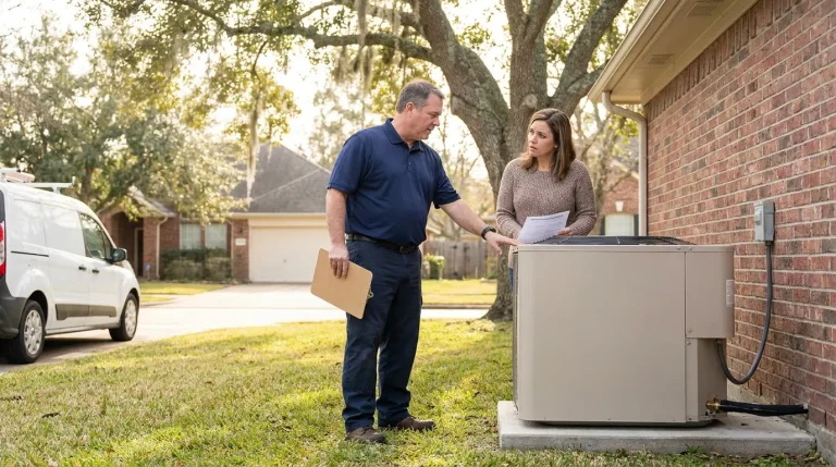 Modern outdoor heat pump unit at a Houston home on a mild winter day with a technician explaining options