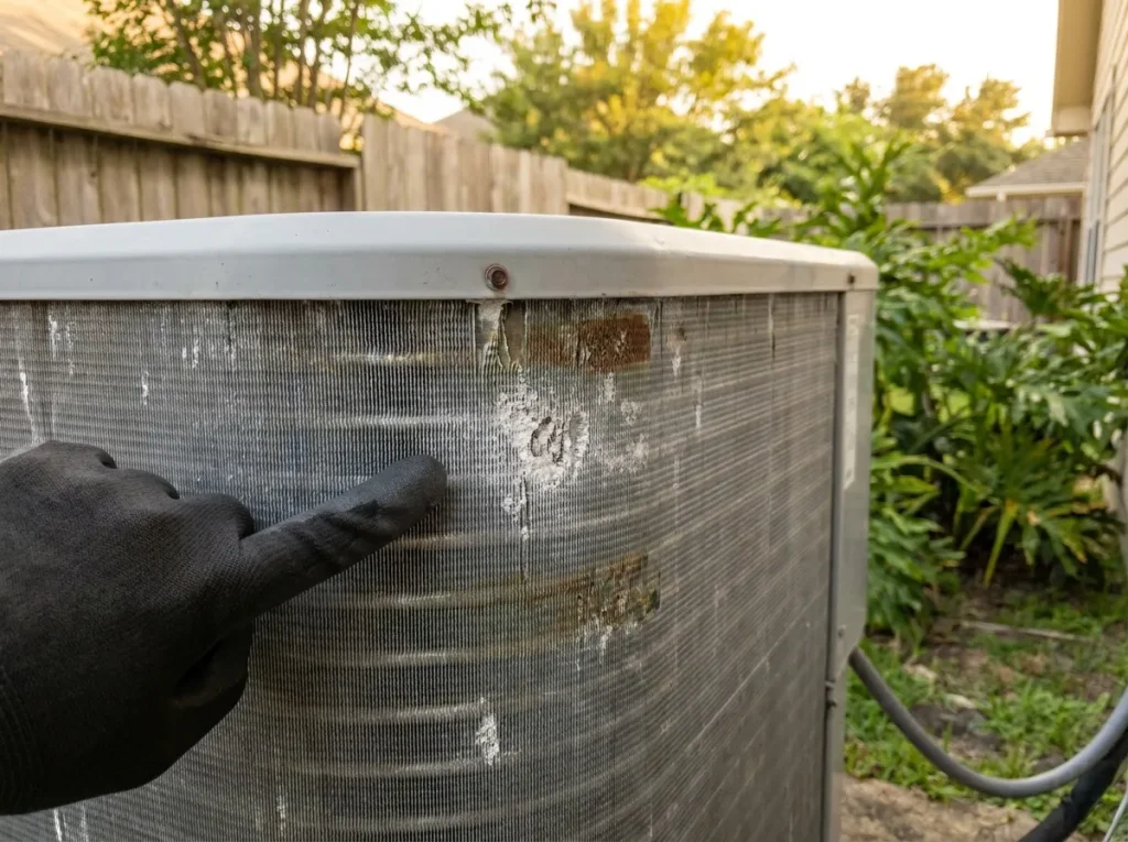 Close-up of an AC condenser coil and aluminum fins showing early corrosion and salt residue