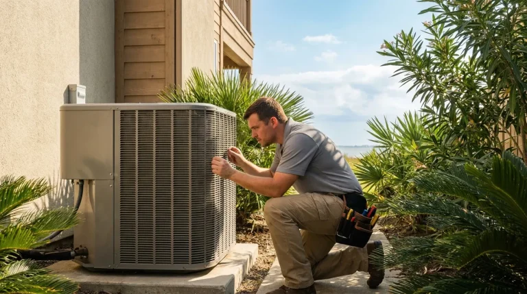 Outdoor AC condenser unit beside a Houston-area coastal home with the Gulf breeze and blue sky in the background