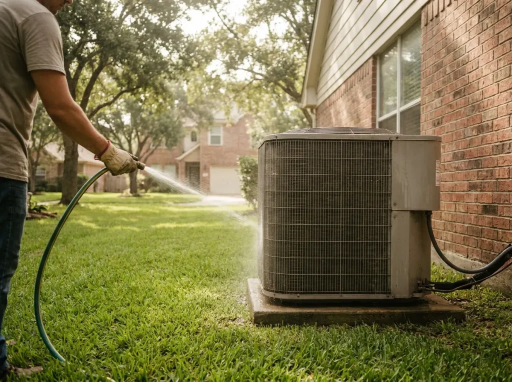 Homeowner gently rinsing the outdoor AC condenser coil with fresh water using a garden hose