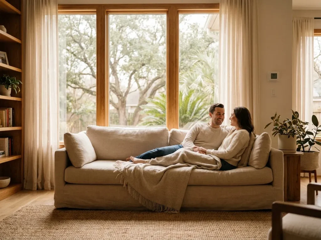 Cozy Houston living room on a mild winter day kept comfortable by an efficient heat pump