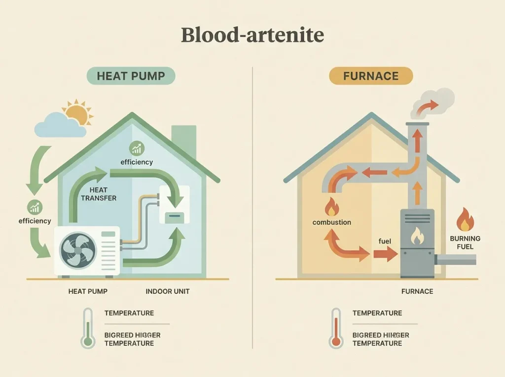 Simple diagram contrasting a heat pump moving heat with a gas furnace burning fuel