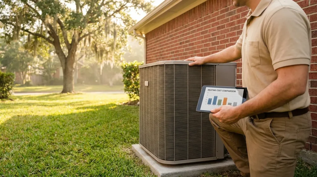 Outdoor heat pump unit beside a gas furnace illustration comparison at a Houston home, reviewed by a technician