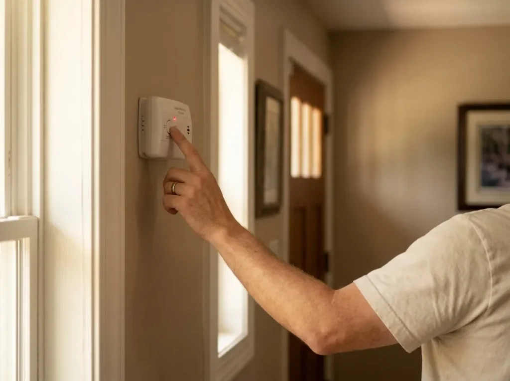 Homeowner testing a carbon monoxide detector on the wall of a Houston home before heating season