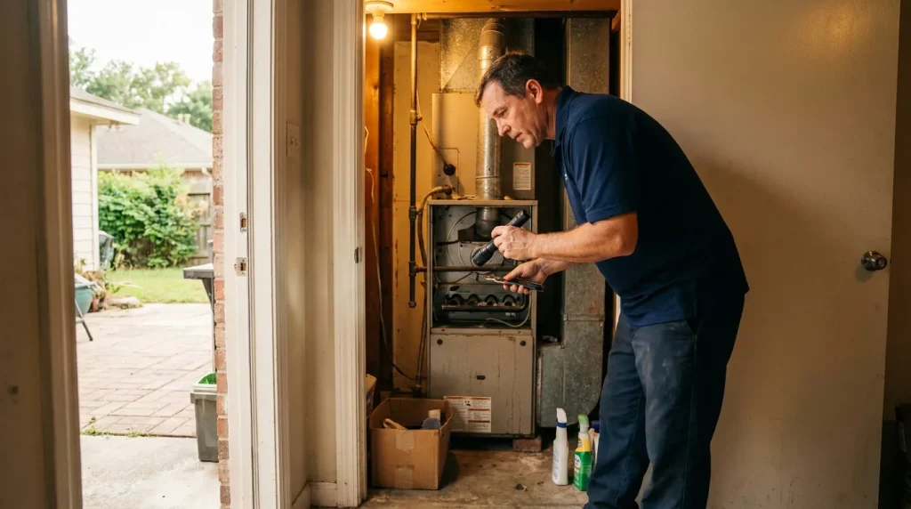 VeriChill technician inspecting a residential gas furnace in a Houston home utility closet before winter