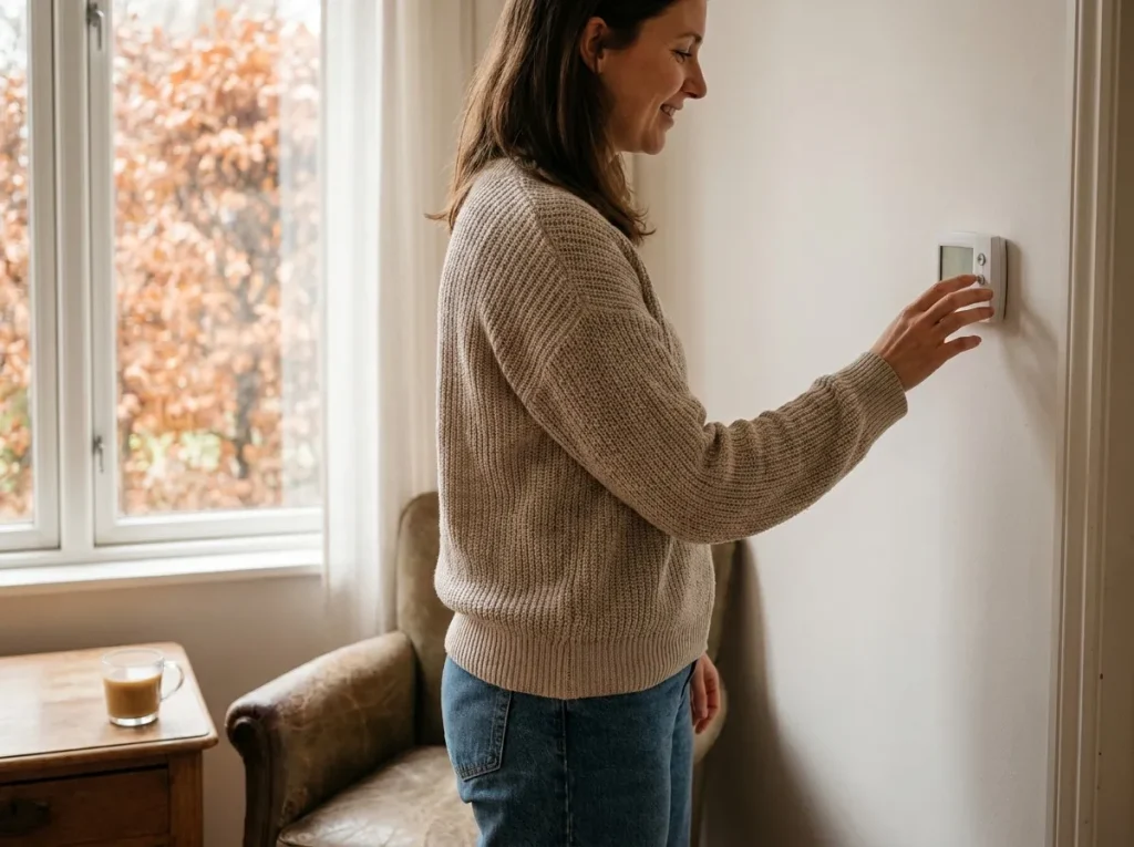 Homeowner adjusting a thermostat to test the heating system during a cool Houston fall day