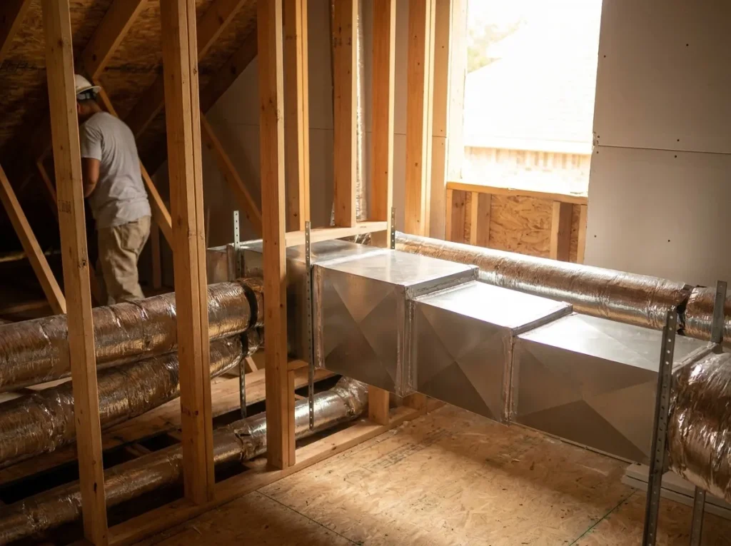 Well-designed HVAC ductwork routed within conditioned space during a Houston new-home build
