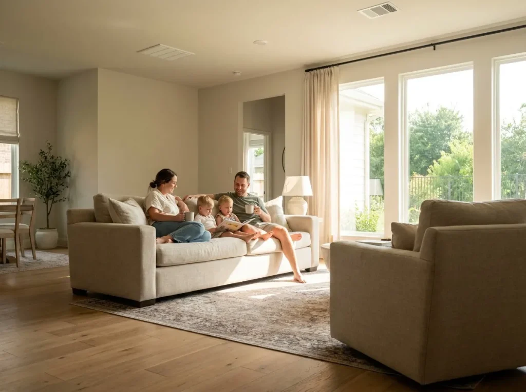 Family enjoying a comfortable, evenly cooled new Houston home shortly after move-in